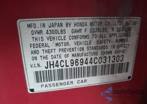 2004 Acura Tsx from USA, damaged, VIN JH4CL96944C031303